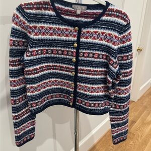 J. Crew Navy & Red Fair Isle Cropped Cardigan Sweater